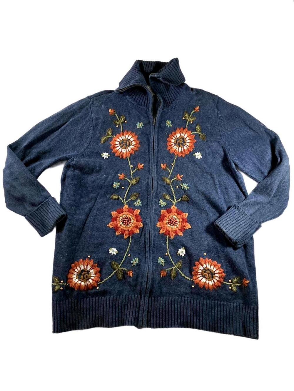 Vintage Fashion Bug Blue Floral Embroidered Zip-Up Cardigan Sweater